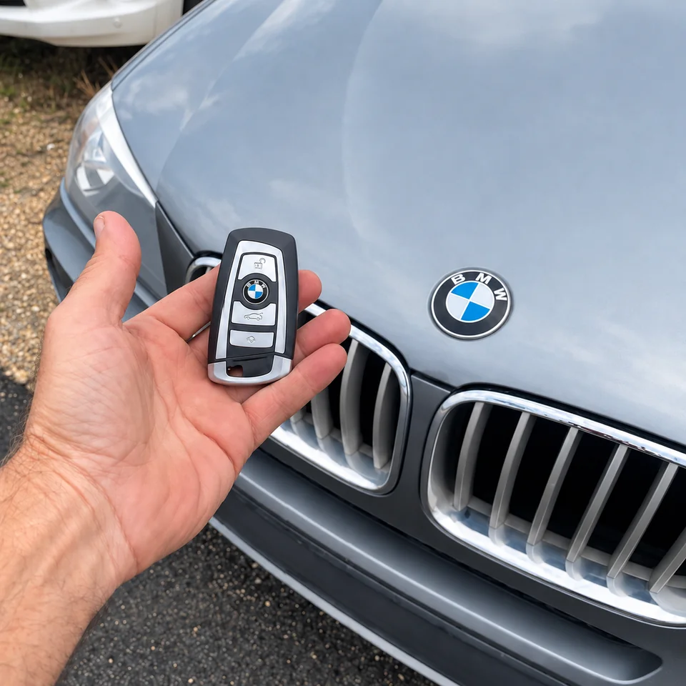 BMW key fob held in front of a silver BMW car