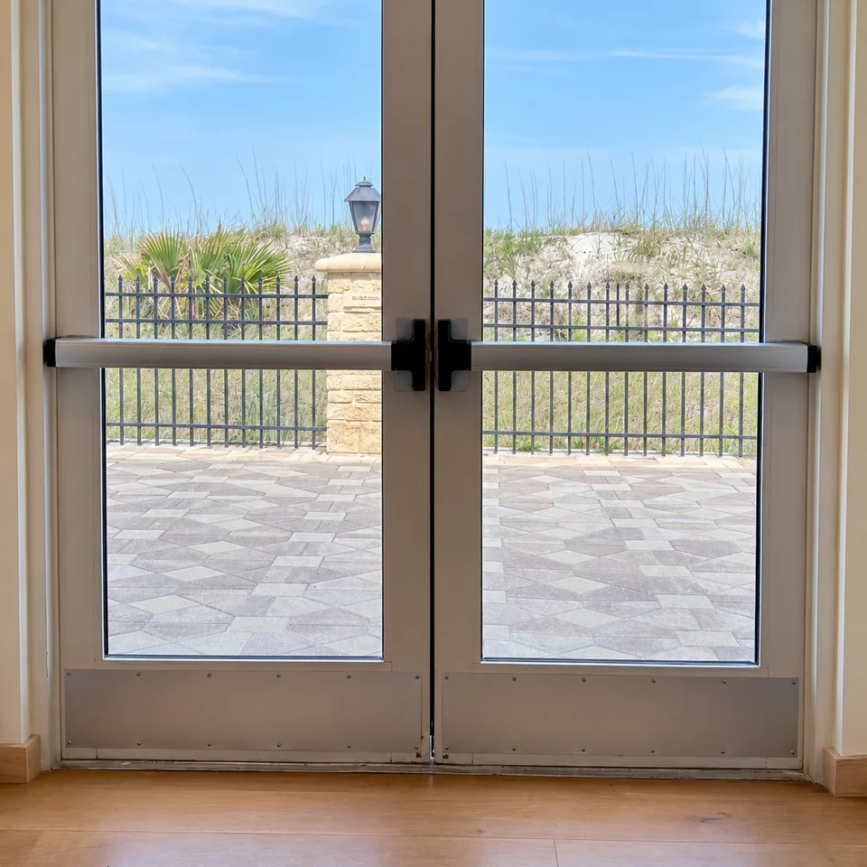 Silver push-bar exit devices fitted to double glass doors
