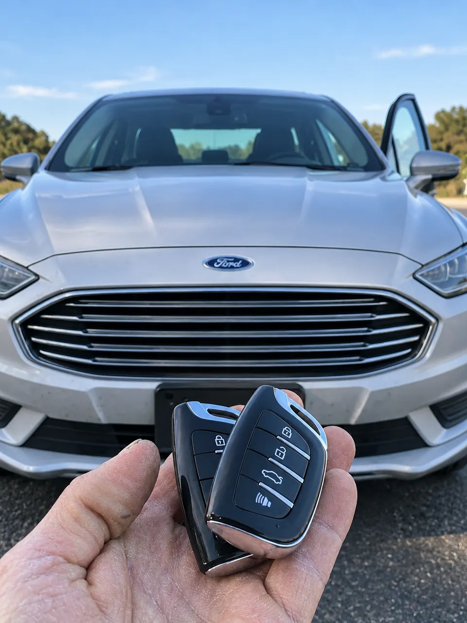 Two Ford key fobs held in front of a silver Ford car